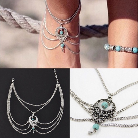 Boho silver blue beaded ankle bracelet - Picture 2 of 5